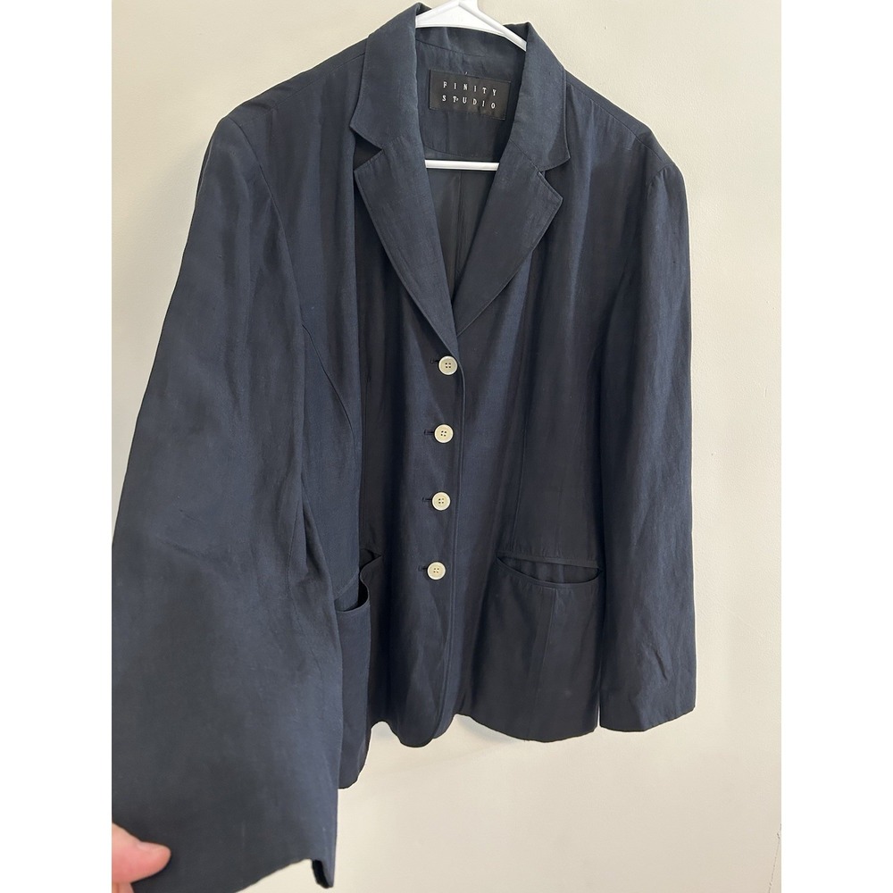 Finite Studio Silk Linen Blend Women's Navy Blue Blazer Size 12 Work Business